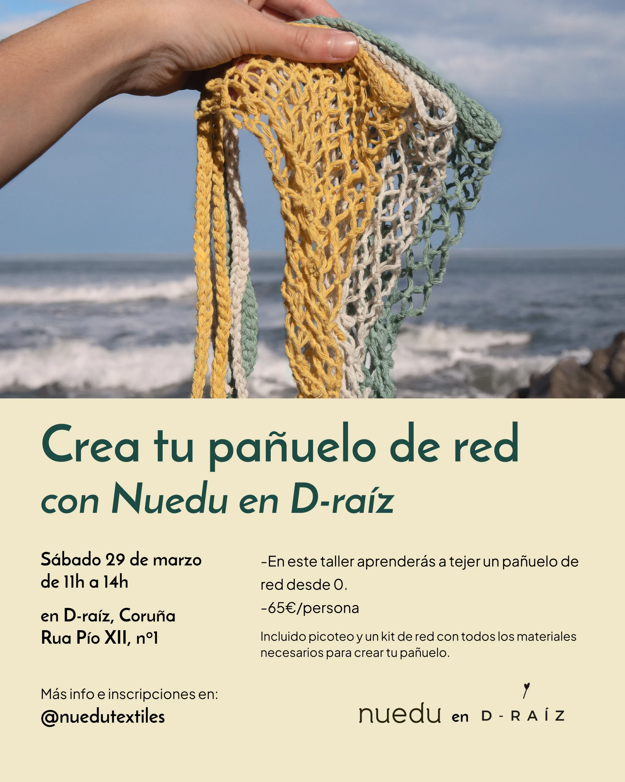 cartel taller crea tu pañuelo de red en dariz coruña 2025